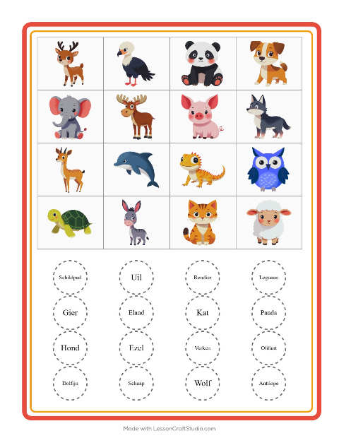 Voorbeeld van het Bingo-werkblad met Dieren voor kleuterklas