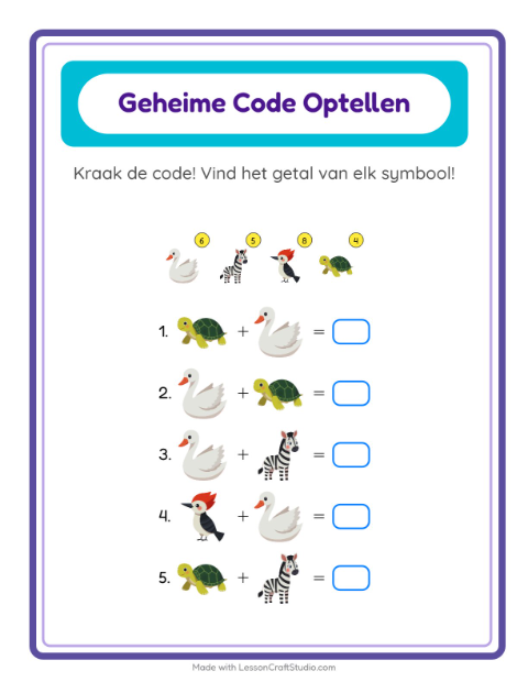Voorbeeld van het Code-optellen-werkblad voor kleuterklas