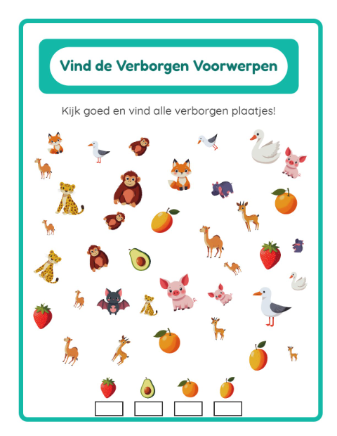 Voorbeeld van het Objecten Zoeken-werkblad voor kleuterklas