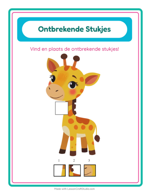 Voorbeeld van het Ontbrekende Stukken-werkblad met Dieren voor kleuterklas