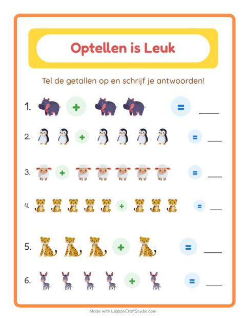 Voorbeeld van het Optellen-werkblad met Dieren voor kleuterklas