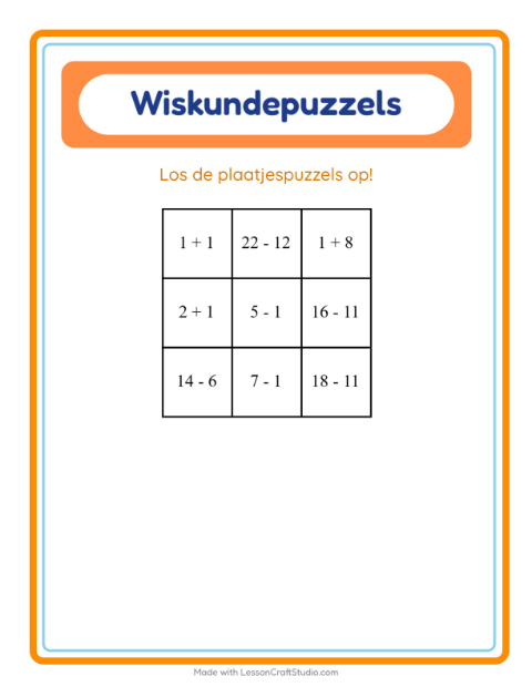 Voorbeeld van het Rekenpuzzel-werkblad met Dieren voor groep 3