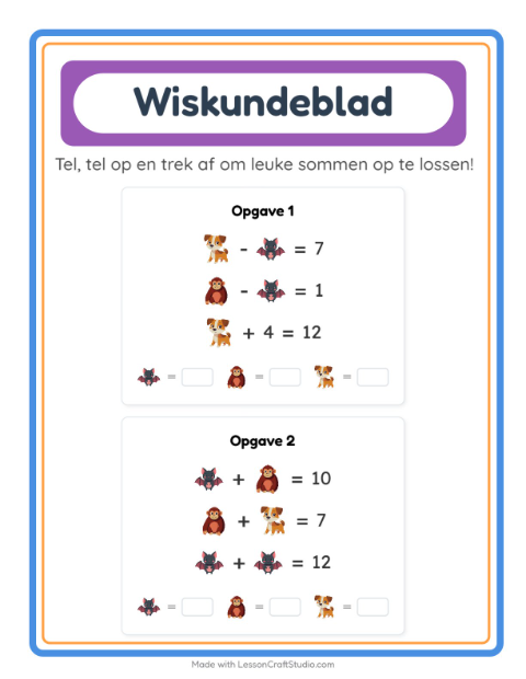 Voorbeeld van het Rekenwerkblad-werkblad voor kleuterklas