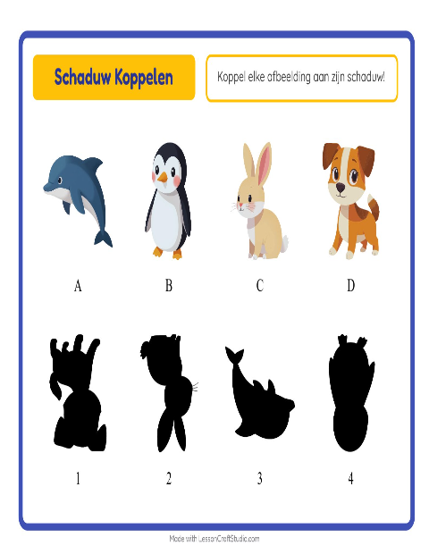 Voorbeeld van het Schaduw Koppelen-werkblad met Dieren voor kleuterklas