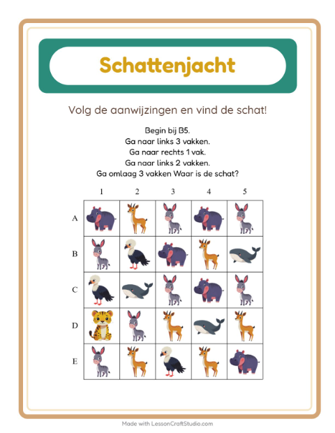 Voorbeeld van het Schatzoektocht-werkblad met Dieren voor groep 3