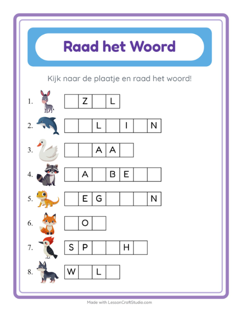 Voorbeeld van het Woord Raden-werkblad met Dieren voor kleuterklas