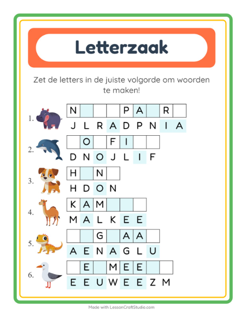 Voorbeeld van het Woordpuzzel-werkblad voor groep 3