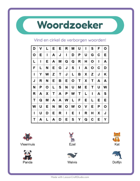 Voorbeeld van het Woordzoeker-werkblad voor groep 3