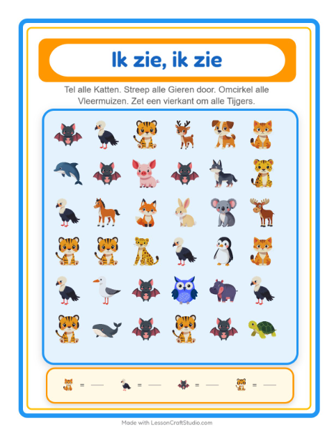 Voorbeeld van het Zoek En Tel-werkblad met Dieren voor peuterklas