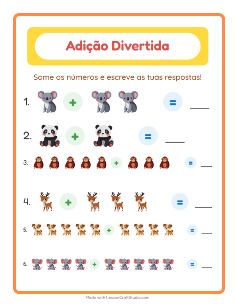 Pré-visualização da ficha de Adição com Animais para Educação infantil (pré-escola, 5-7 anos)