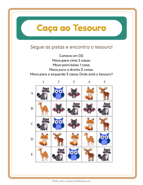 Pré-visualização da ficha de Caça Ao Tesouro com Animais para 1º ano do ensino fundamental