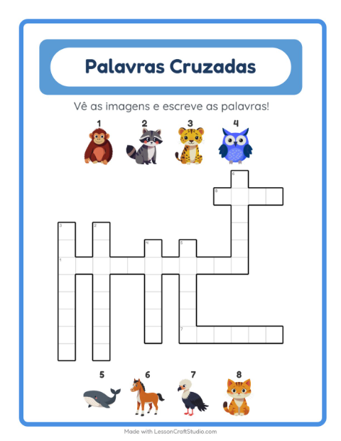 Pré-visualização da ficha de Palavras Cruzadas para 2º ano do ensino fundamental