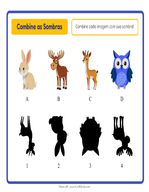 Pré-visualização da ficha de Pareamento De Sombras com Animais para Educação infantil (pré-escola, 5-7 anos)