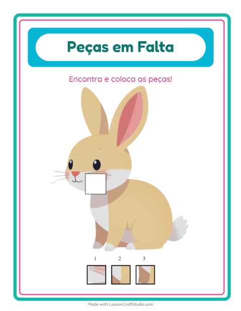 Pré-visualização da ficha de Peças Faltantes com Animais para Educação infantil (pré-escola, 5-7 anos)