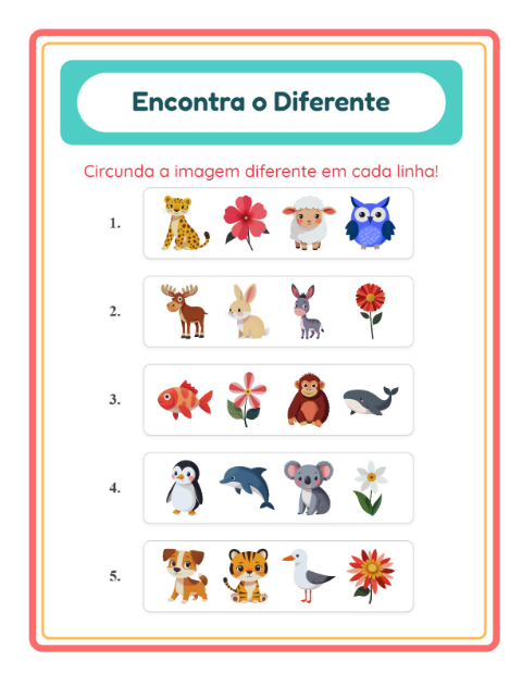 Pré-visualização da ficha de Qual É Diferente com Animais para Educação infantil (pré-escola, 5-7 anos)