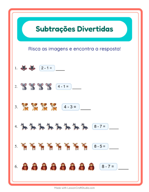 Pré-visualização da ficha de Subtração com Animais para Educação infantil (pré-escola, 5-7 anos)