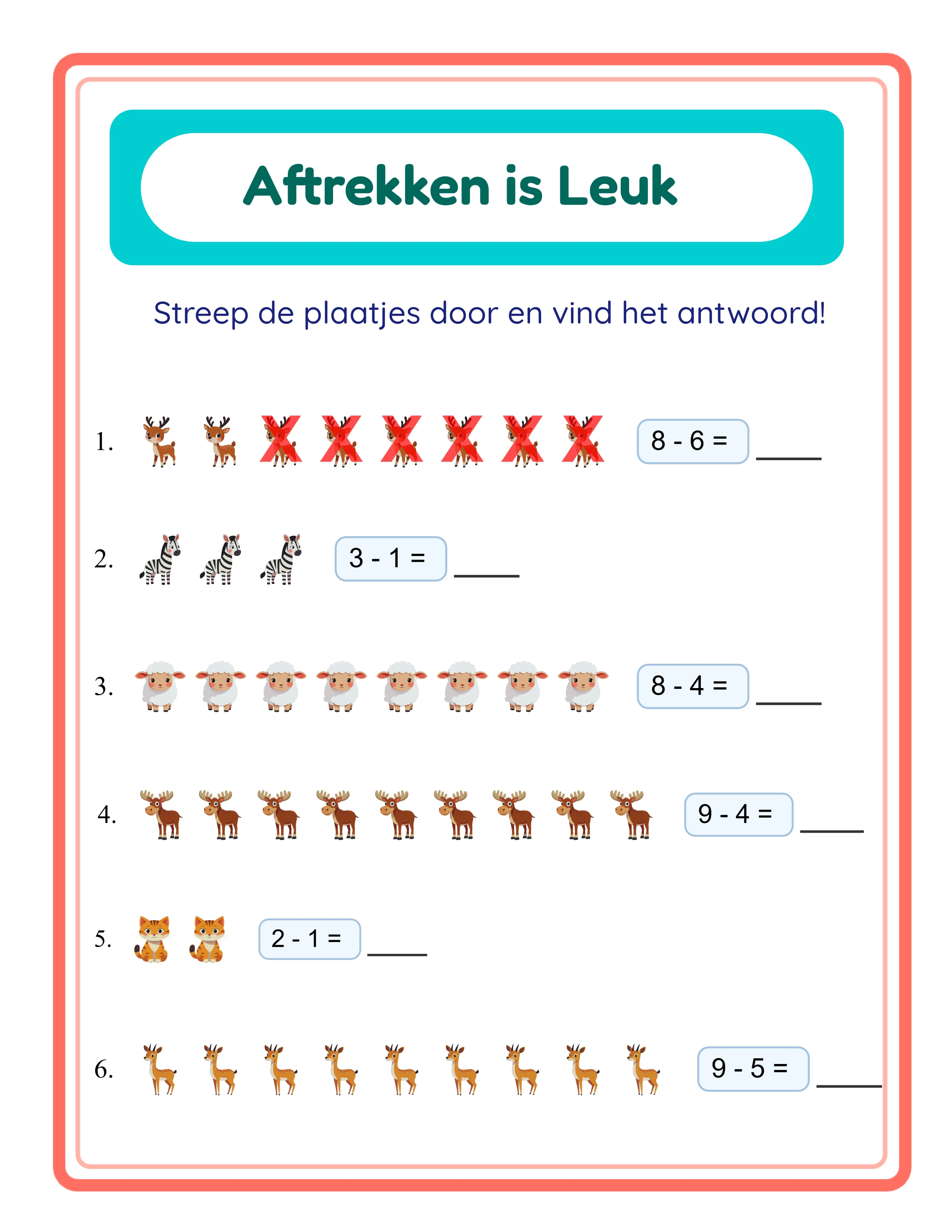 Subtraction worksheet — cross out method with pictures
