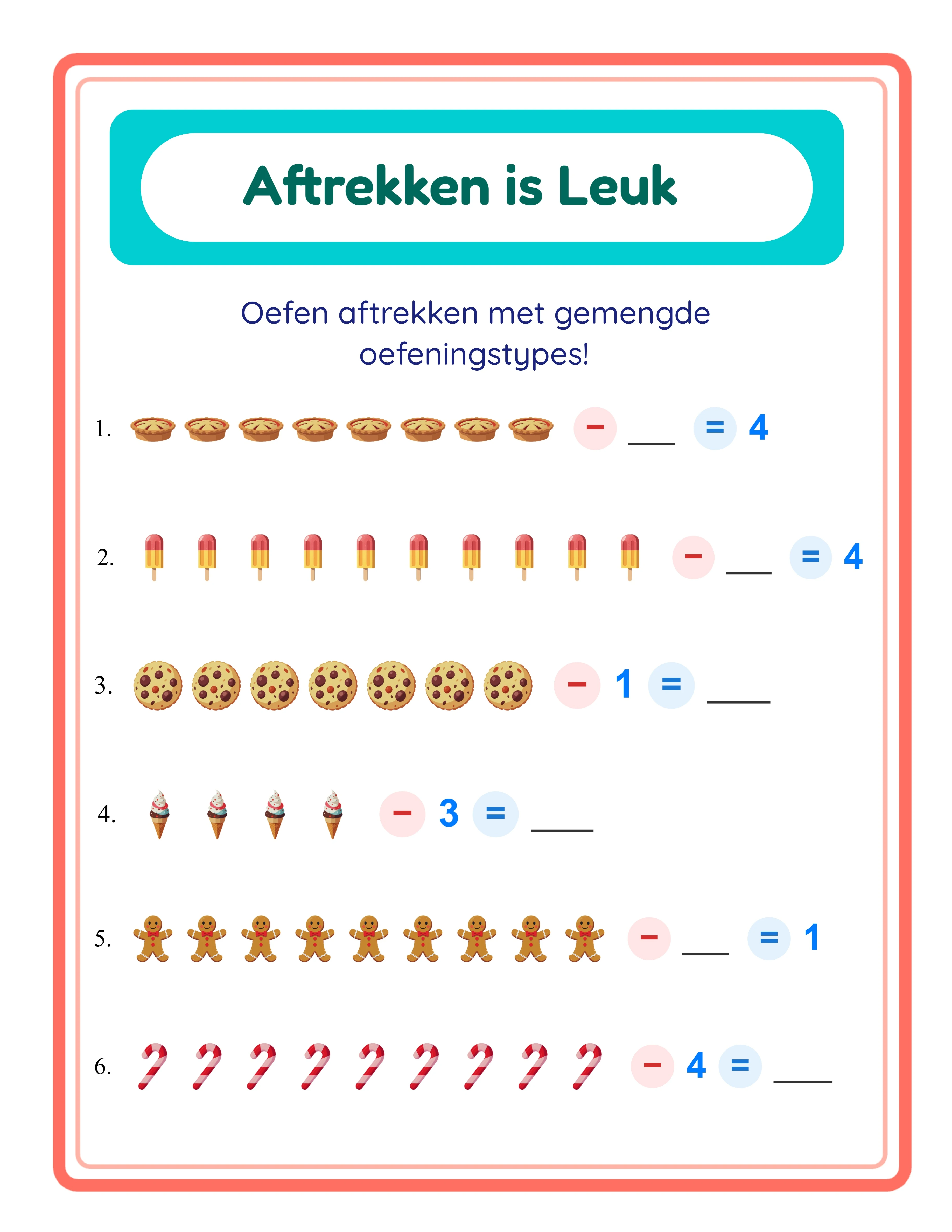 Featured subtraction worksheet — colorful themed pictures