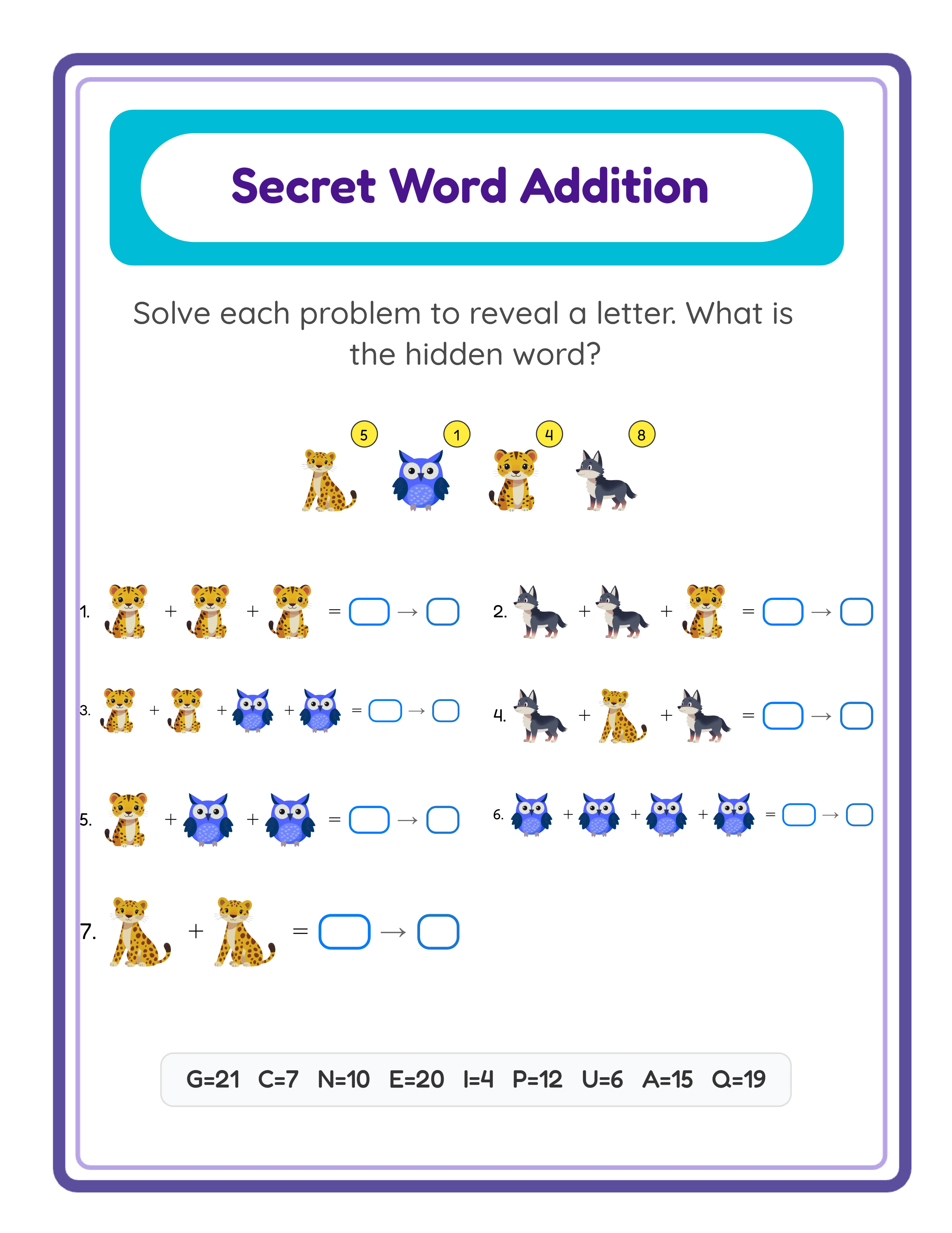Secret message puzzle — solve sums to decode