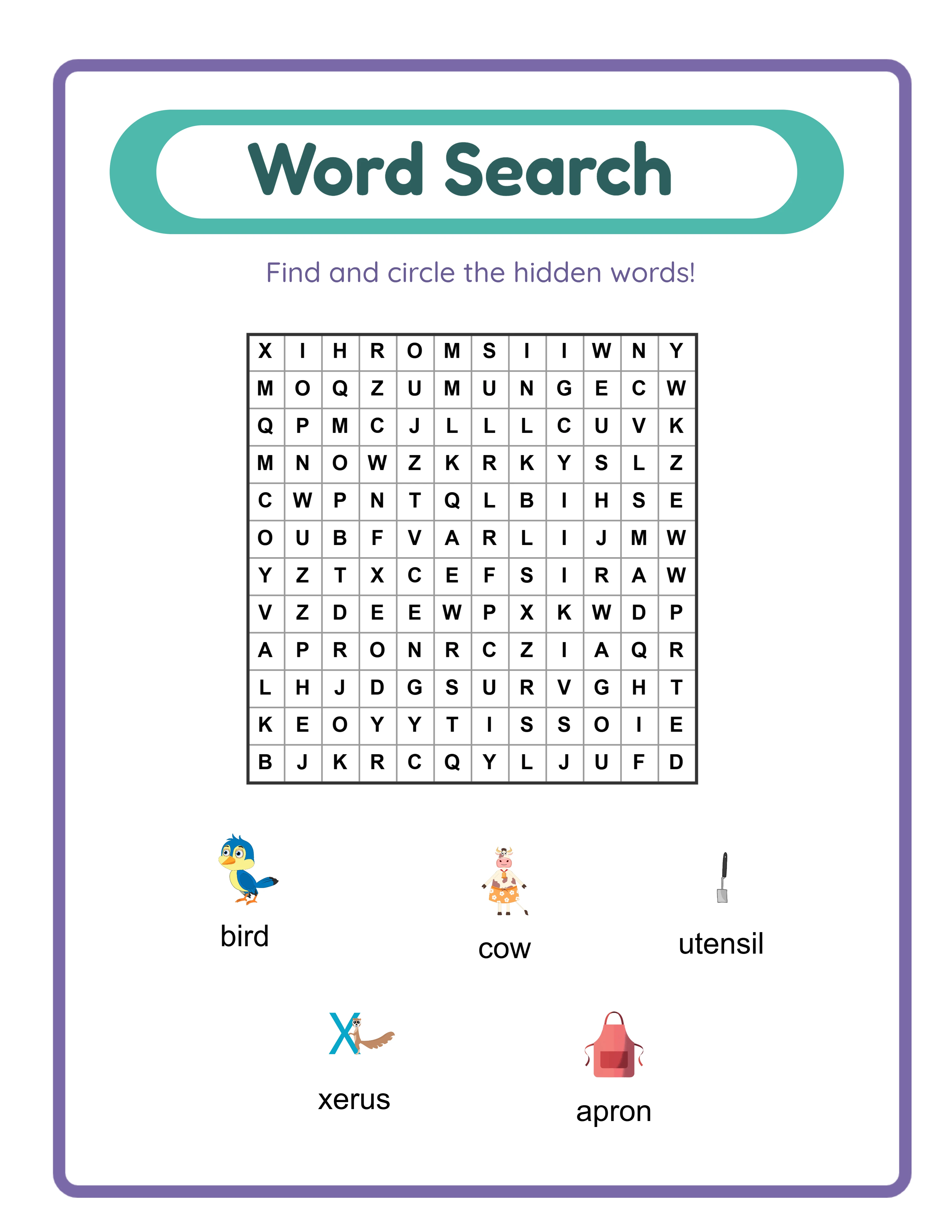 Word search worksheet example created with LessonCraftStudio generator