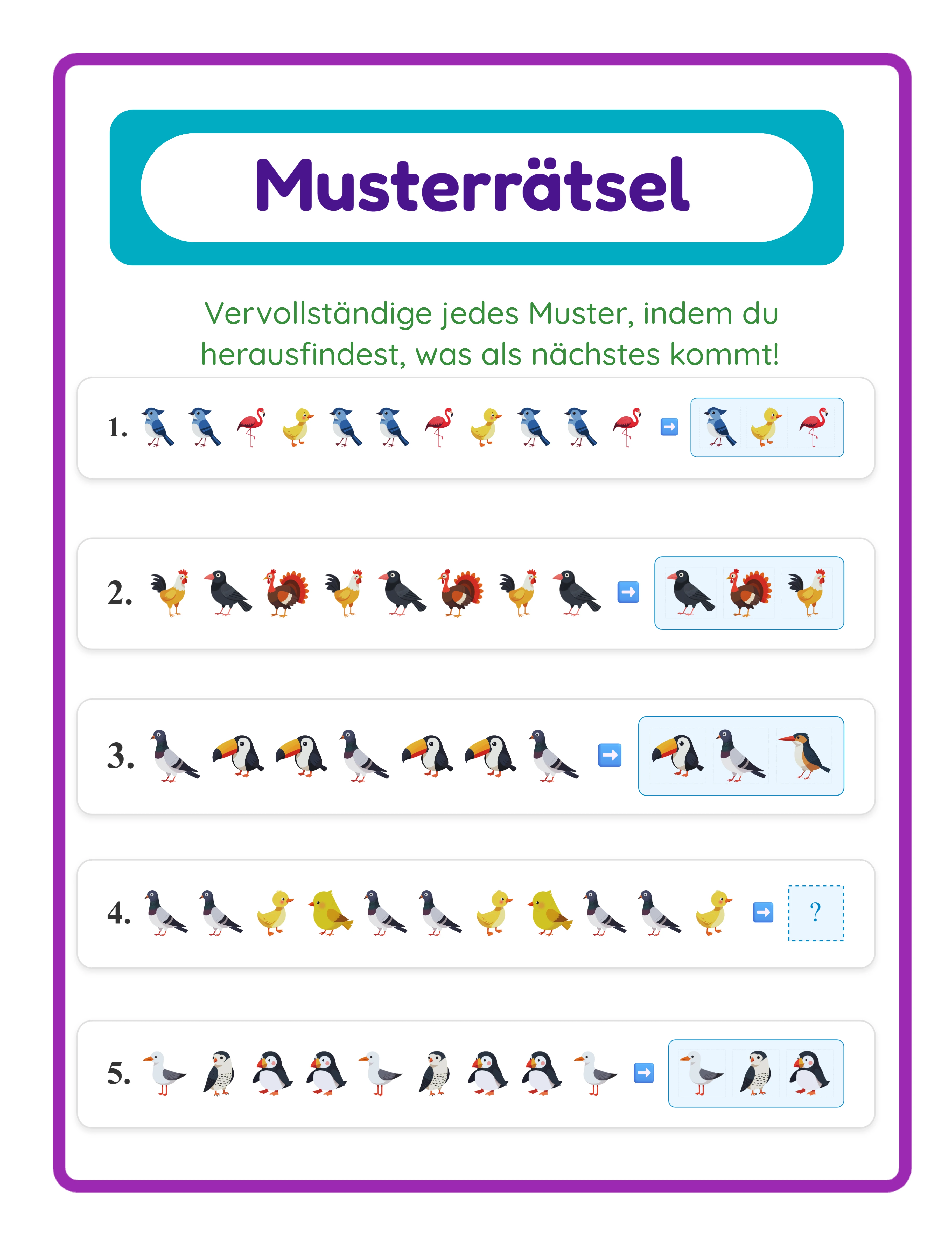 Muster-Arbeitsblatt — die Reihenfolge vervollständigen
