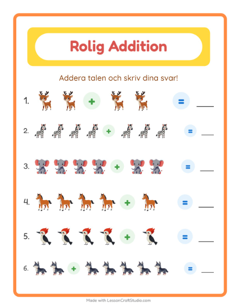 Förhandsvisning av Addition-arbetsblad med Djur för Förskoleklass
