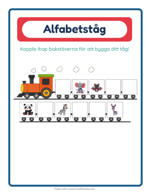 Förhandsvisning av Alfabetståget-arbetsblad med Djur för Förskola