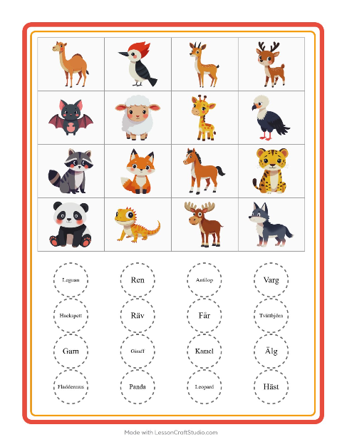 Förhandsvisning av Bingo-arbetsblad med Djur för Förskoleklass