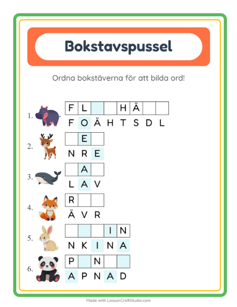 Förhandsvisning av Bokstavspussel-arbetsblad för Årskurs 1