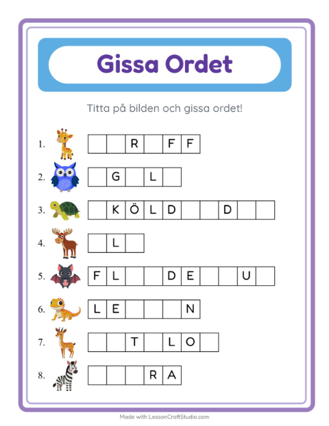 Förhandsvisning av Gissa Ordet-arbetsblad med Djur för Förskoleklass