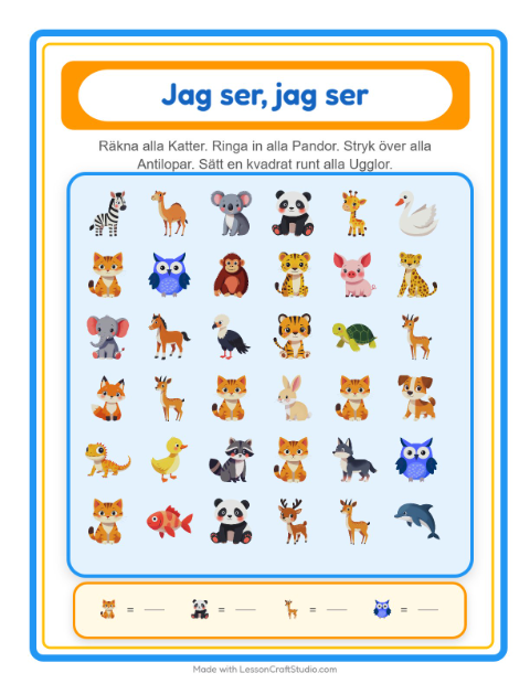 Förhandsvisning av Hitta Och Räkna-arbetsblad med Djur för Förskola