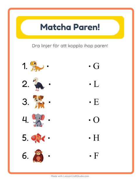 Förhandsvisning av Matchning-arbetsblad för Förskoleklass