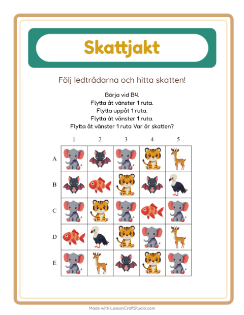 Förhandsvisning av Skattjakt-arbetsblad med Djur för Årskurs 1