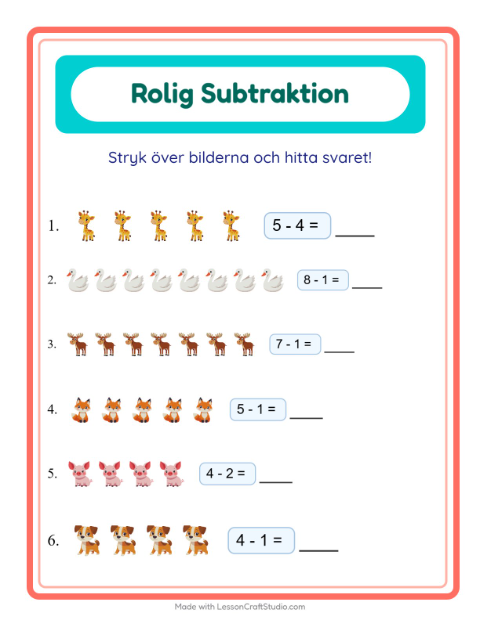 Förhandsvisning av Subtraktion-arbetsblad med Djur för Förskoleklass