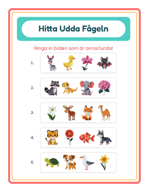 Förhandsvisning av Vilken Passar Inte-arbetsblad med Djur för Förskoleklass